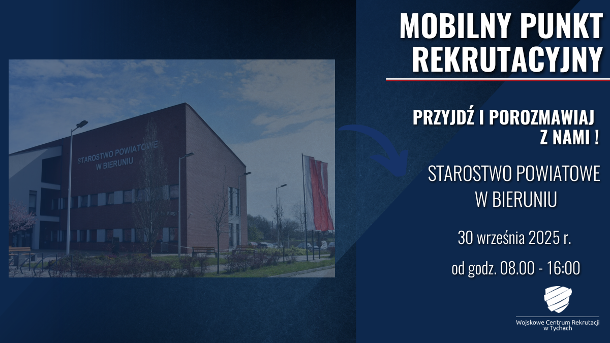 Plakat. Z prawej strony zdjęcie budynku z ceglaną elewacją. Z lewej strony informacje o Mobilnym Punkcie Rekrutacyjnym.